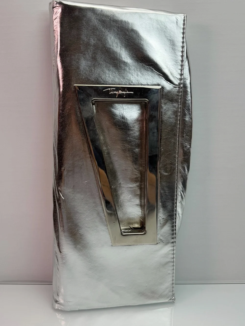 Vintage Thierry Mugler Silver Star Metallic Fold Over Clutch Handbag Purse